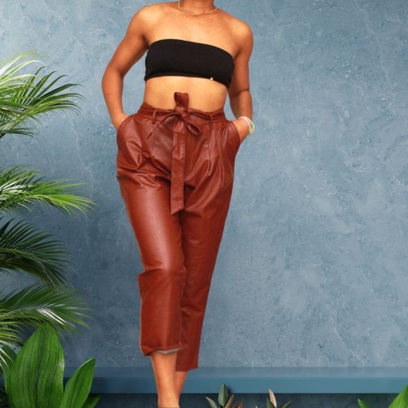 Express Super High Waisted Faux Leather Belted Ankle Pant - Picture 2 of 3